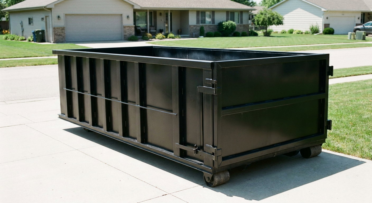Matte-black 10-yard roll-off dumpster on a residential concrete driveway in Los Angeles, uniformly painted matte black across every panel and rail, ribbed steel sidewalls and rear swing door visible, mid-day daylight.