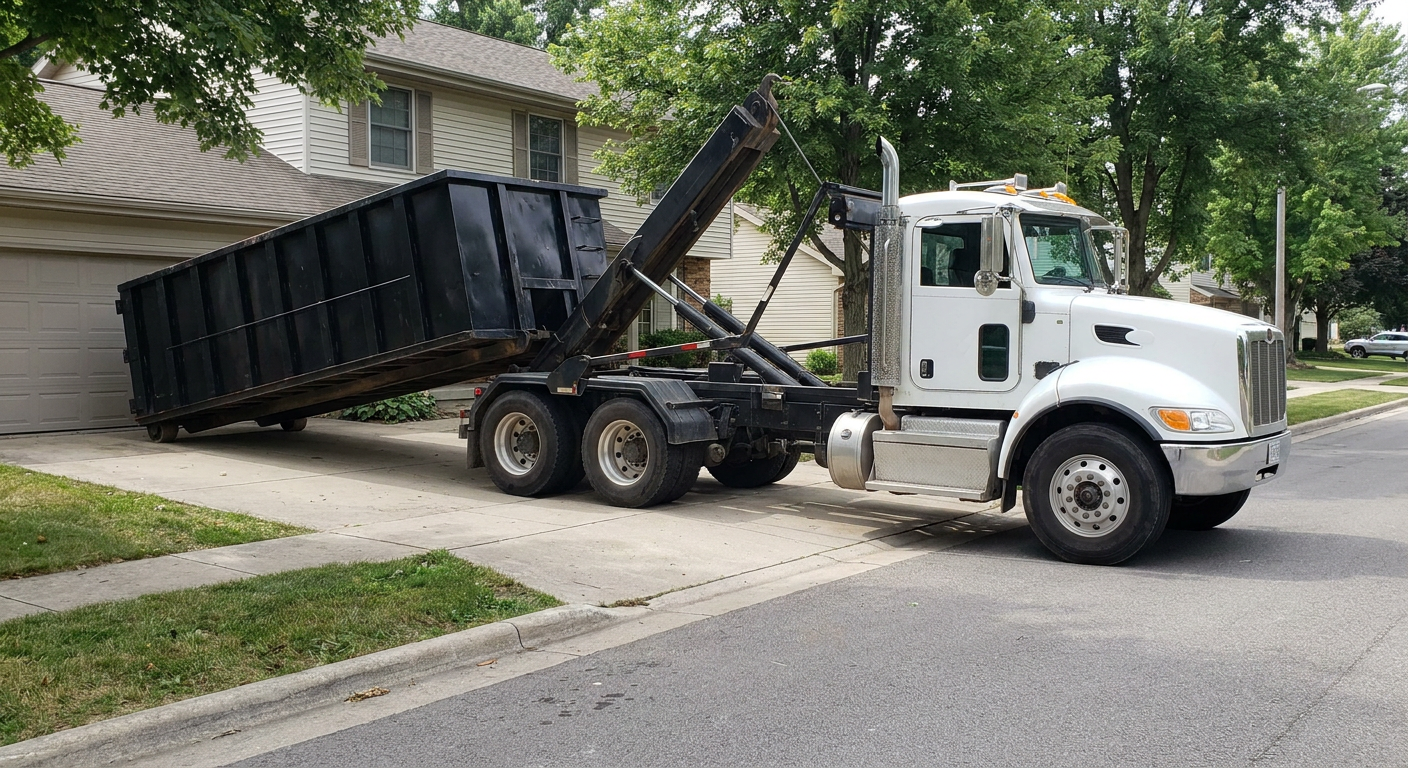 White-cab hooklift roll-off truck actively lowering a matte-black dumpster onto a Los Angeles residential concrete driveway, the dumpster's rear wheels touching the driveway as the hoist arm tilts the bed forward, mid-morning daylight.