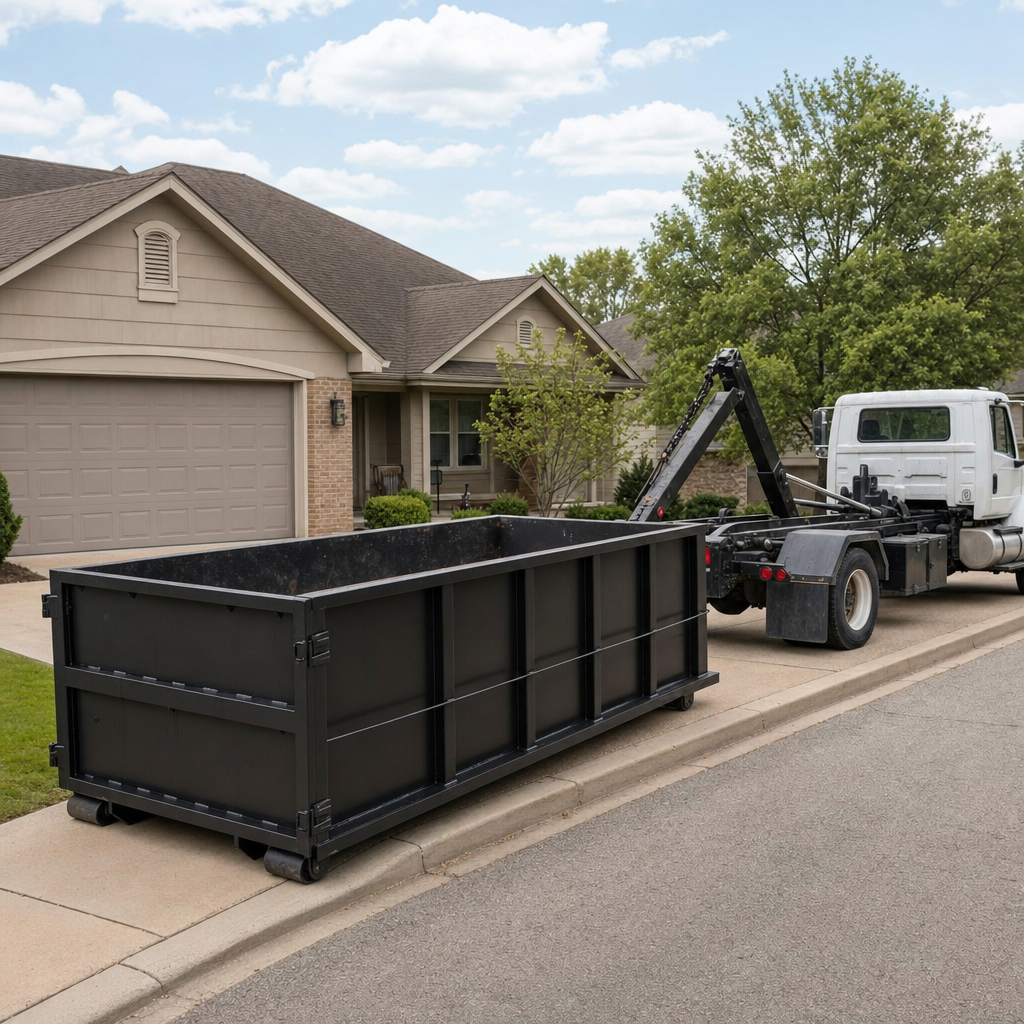 Wide documentary shot of a matte-black roll-off dumpster on a Los Angeles residential driveway in the foreground and a contractor jobsite container in the soft-focus background, bright daylight, calm and orderly composition.