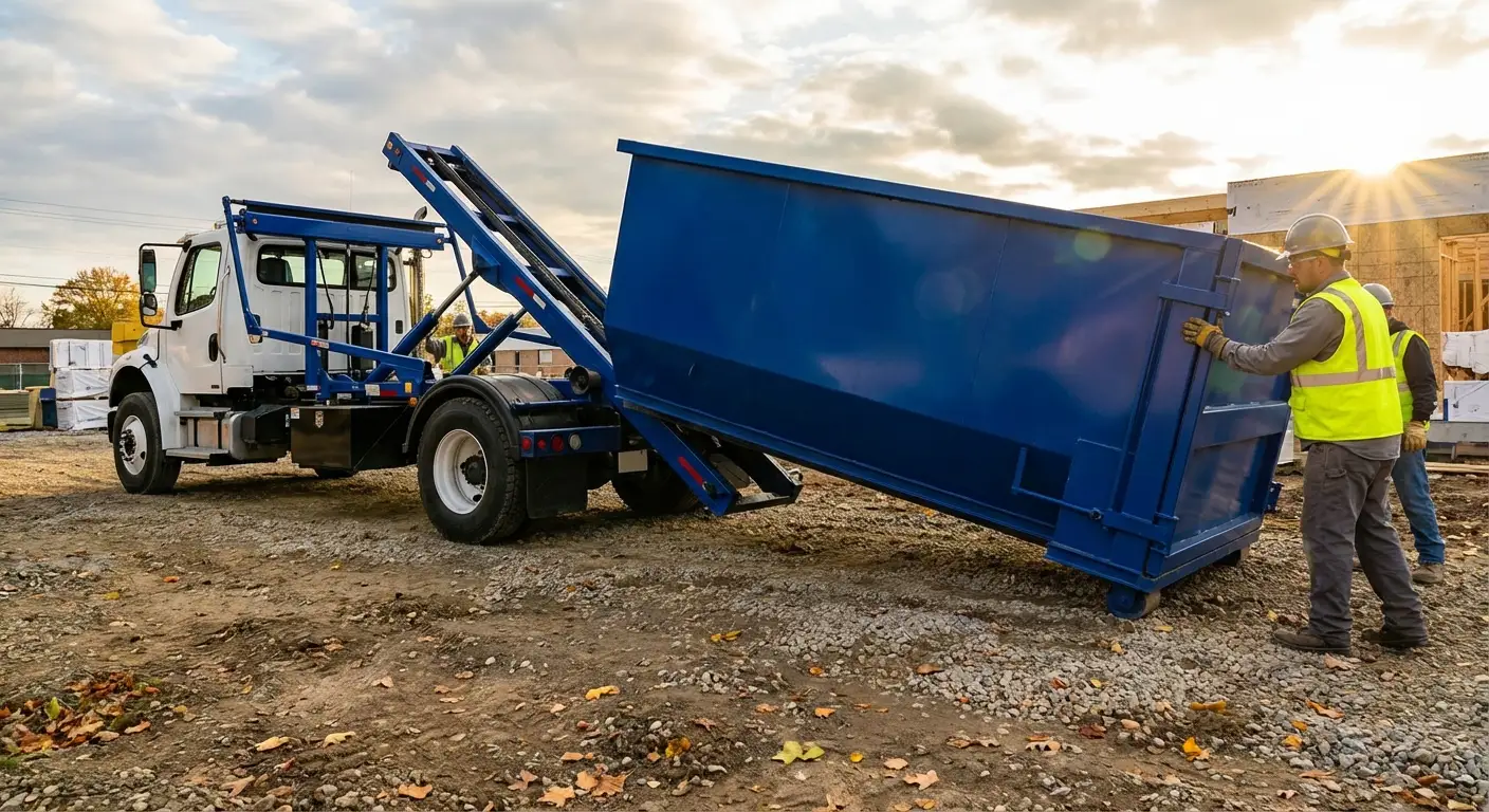 Construction dumpster delivery truck at job site in Los Angeles, CA