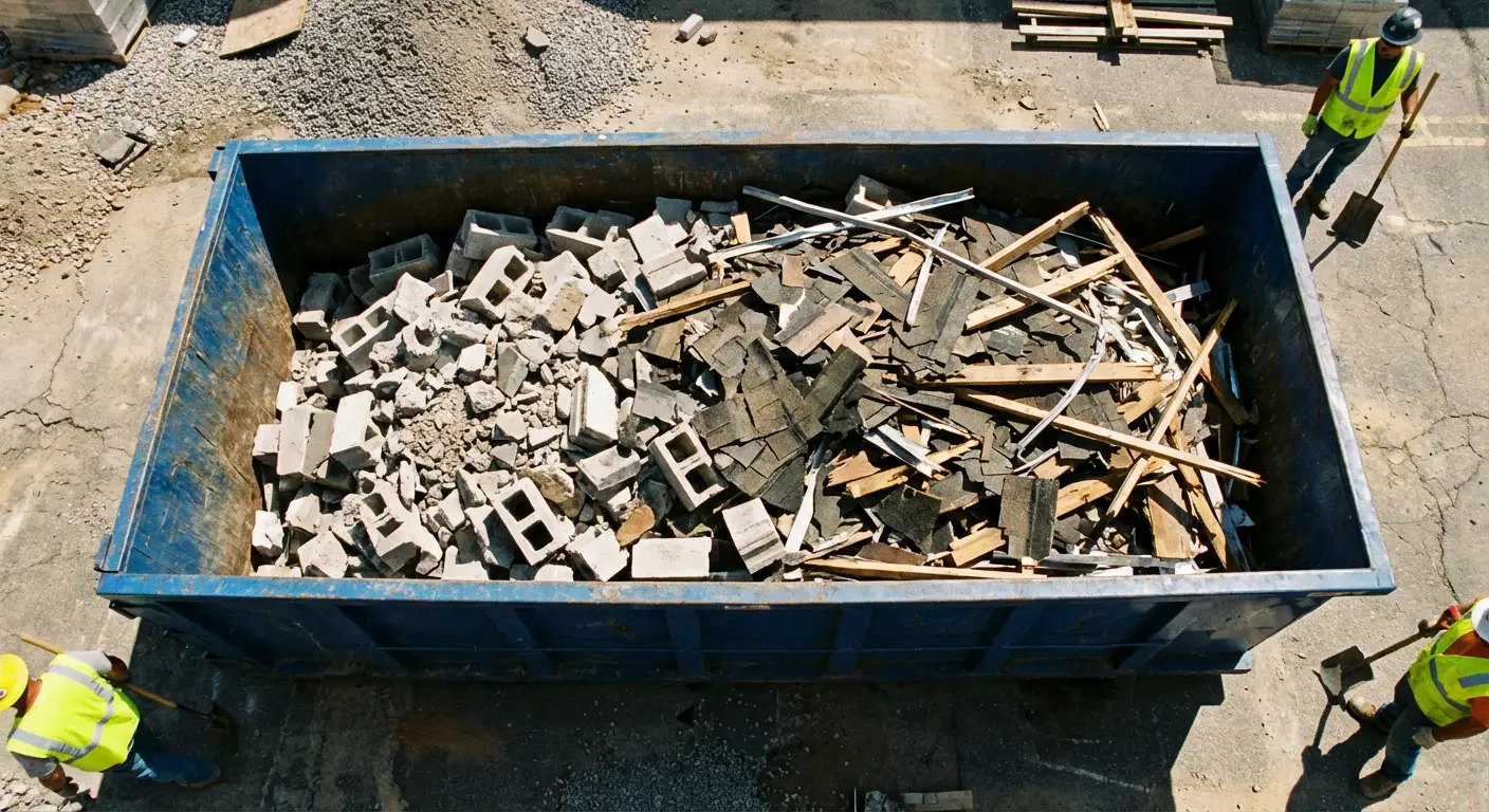 Roll-off dumpster loaded with construction debris in Los Angeles, CA