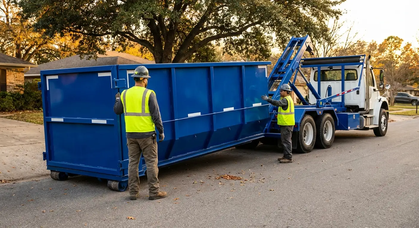 Roll-off dumpster delivery truck in operation in Los Angeles, CA
