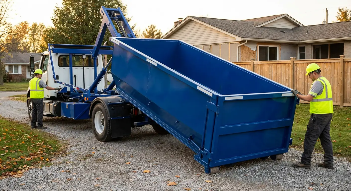 Roll-off dumpster rental delivery truck in Los Angeles, CA