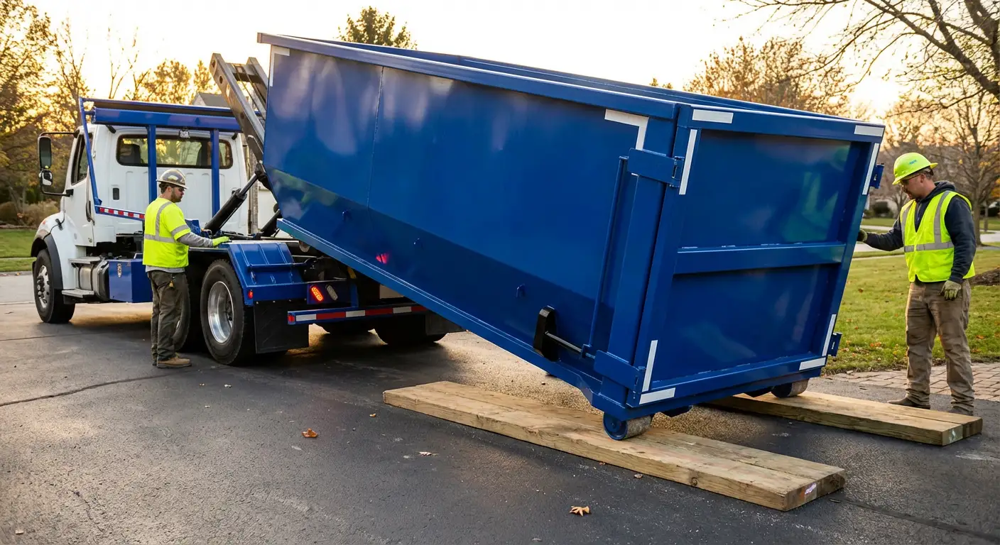Dumpster delivery on driveway in Los Angeles, CA